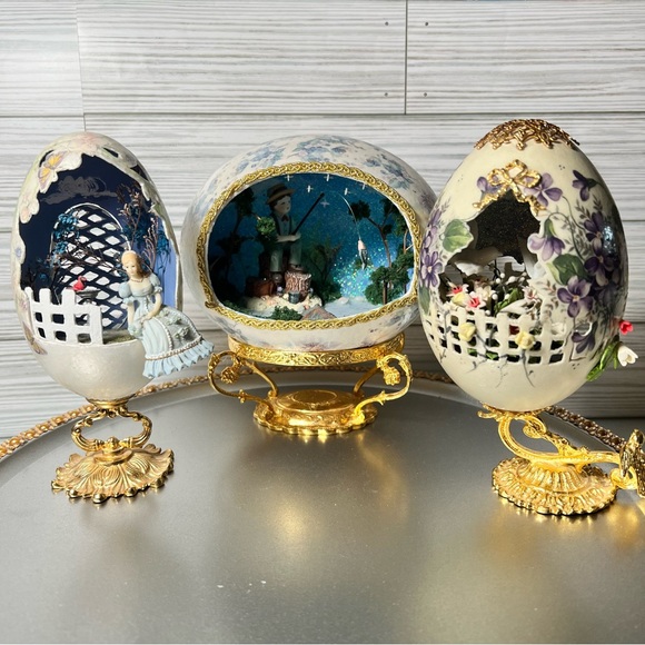 Other - Vintage 3 Easter Egg Carving 3D Victorian Ceramic Faux Gold Stand Floral display